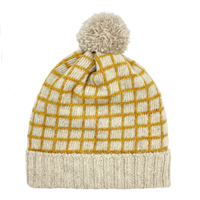 Recycled wool cream coloured beanie with yellow grid pattern and cream pom pom