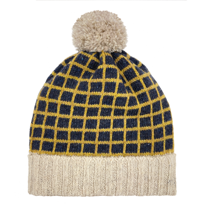 Recycled wool beanie  dark blue with yellow grid pattern, with cream coloured head band and pom pom