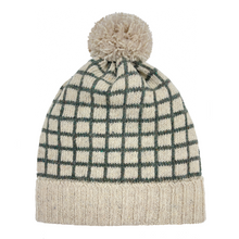 Load image into Gallery viewer, Recycled wool beanie, cream coloured beanie with green grid pattern and cream coloured pom pom
