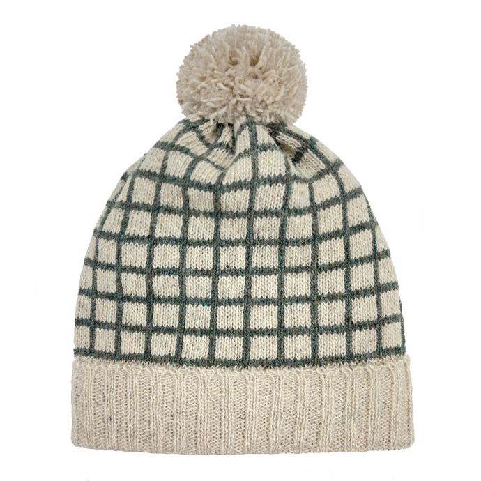 Recycled wool beanie, cream coloured beanie with green grid pattern and cream coloured pom pom
