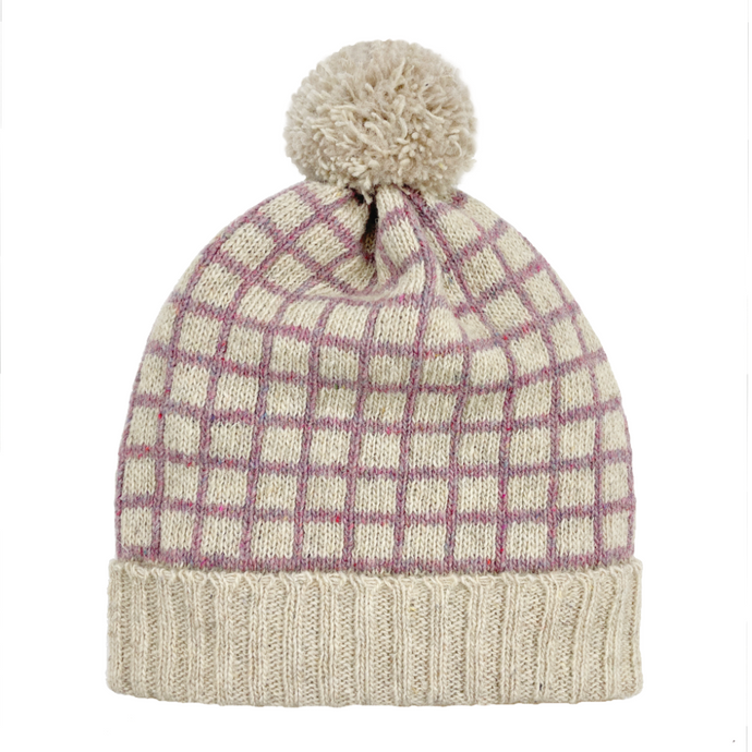Recycled wool cream coloured beanie with pink grid pattern and cream pom pom